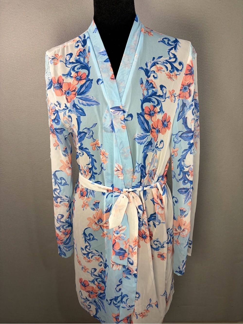 Floral Satin Kimono Robe in Light Blue and Peach